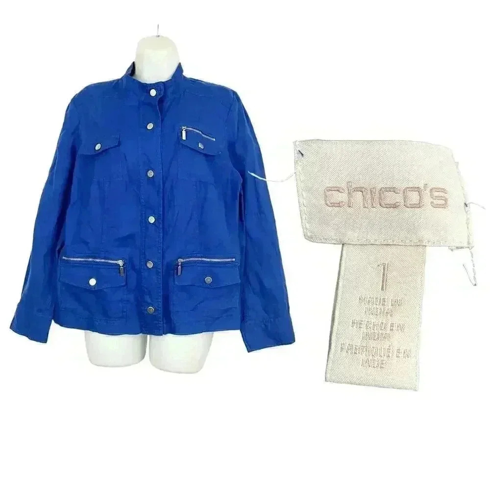 Chico’s‎ Cobalt Blue Jacket Shacket Sz 1 100% Linen Women's High Neck - Picture 3 of 16